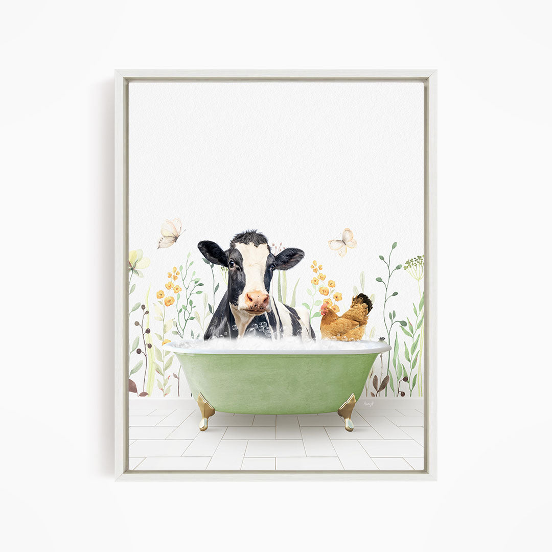 A cow is sitting in a green bathtub, surrounded by flowers and butterflies, with a chicken nearby.