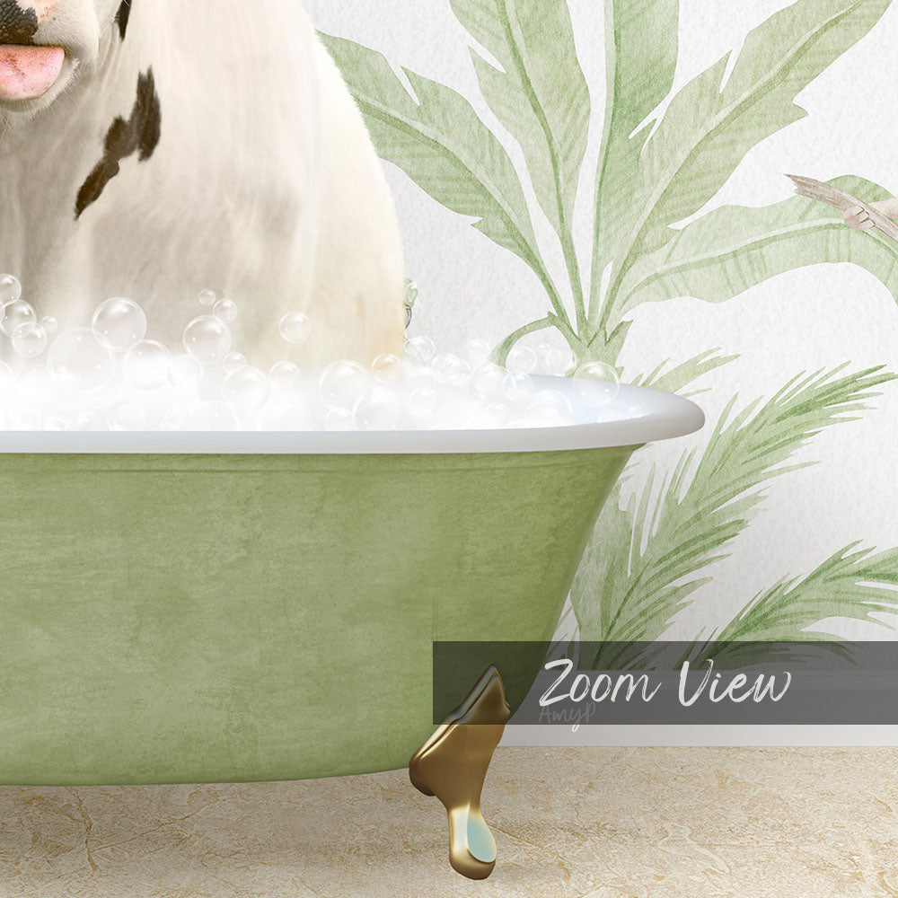 A white cow is sitting in a green bathtub filled with bubbles, with a palm tree wallpaper in the background.