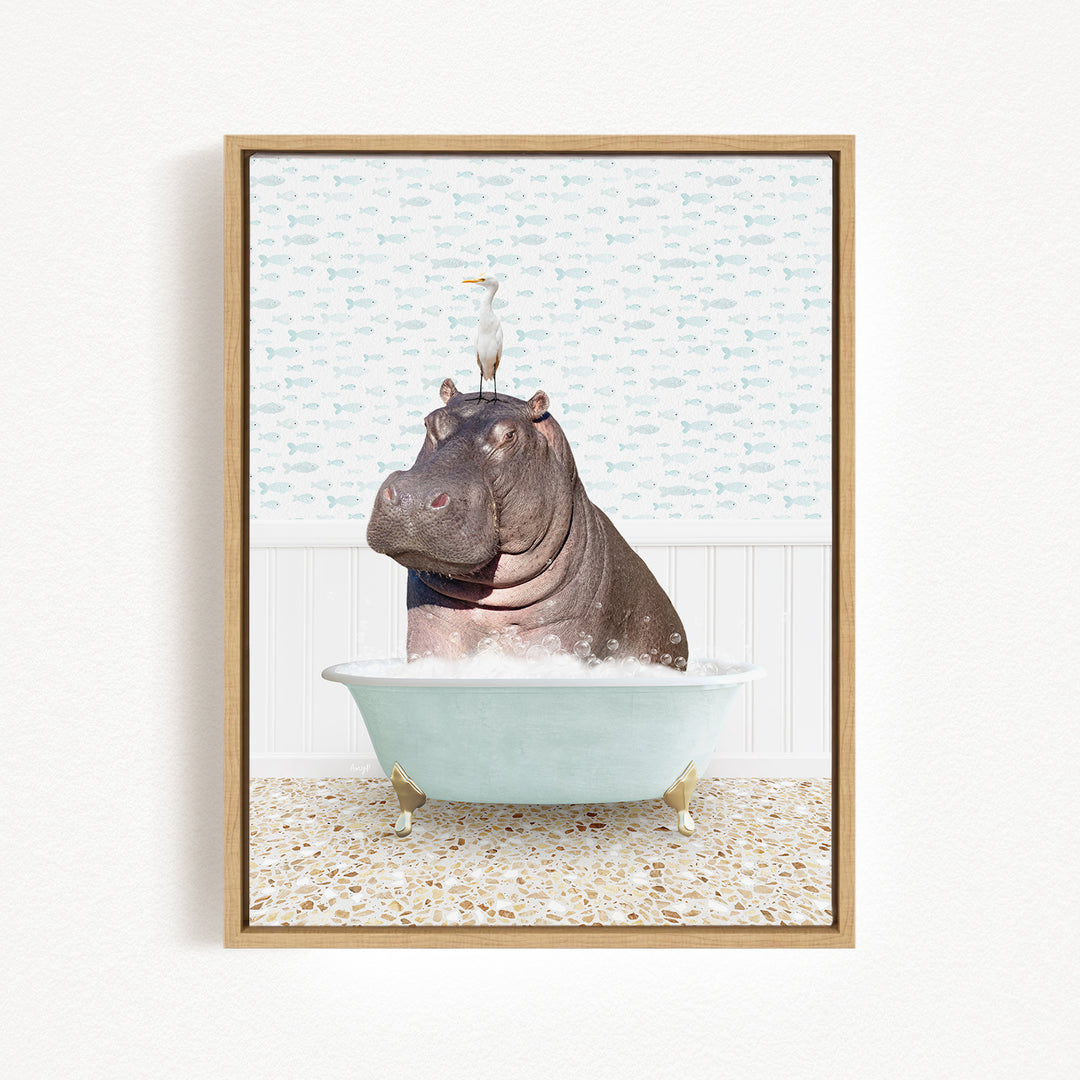 A hippopotamus sitting in a bathtub, with a bird perched on its head.