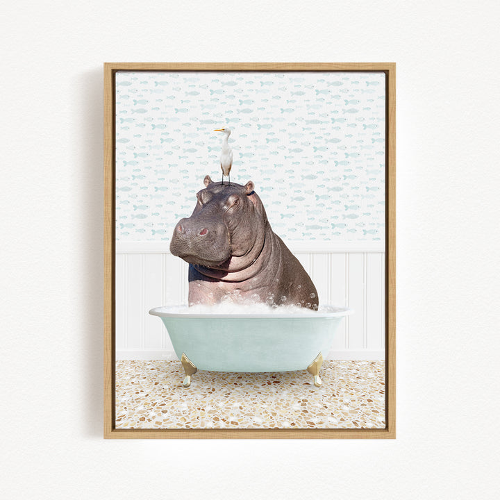 A hippopotamus sitting in a bathtub, with a bird perched on its head.