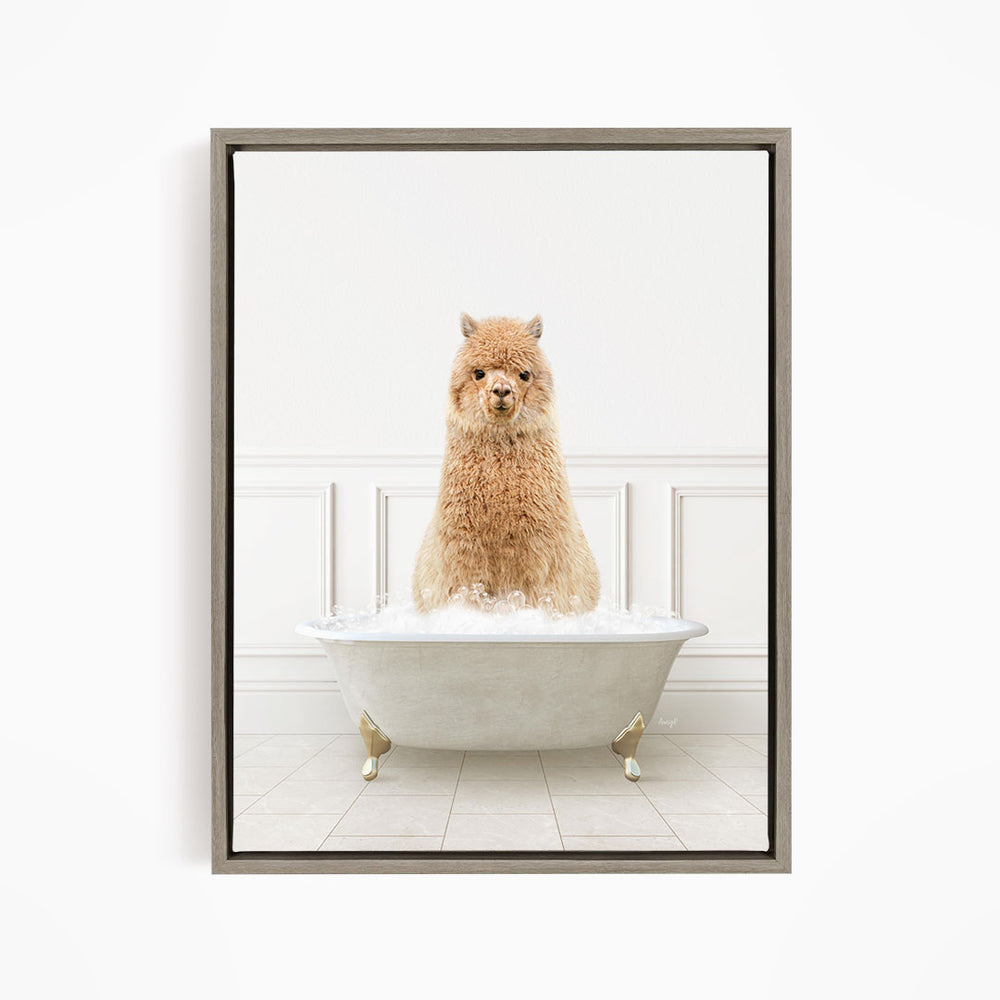 A fluffy brown dog sitting in a white bathtub filled with water, looking directly at the camera.