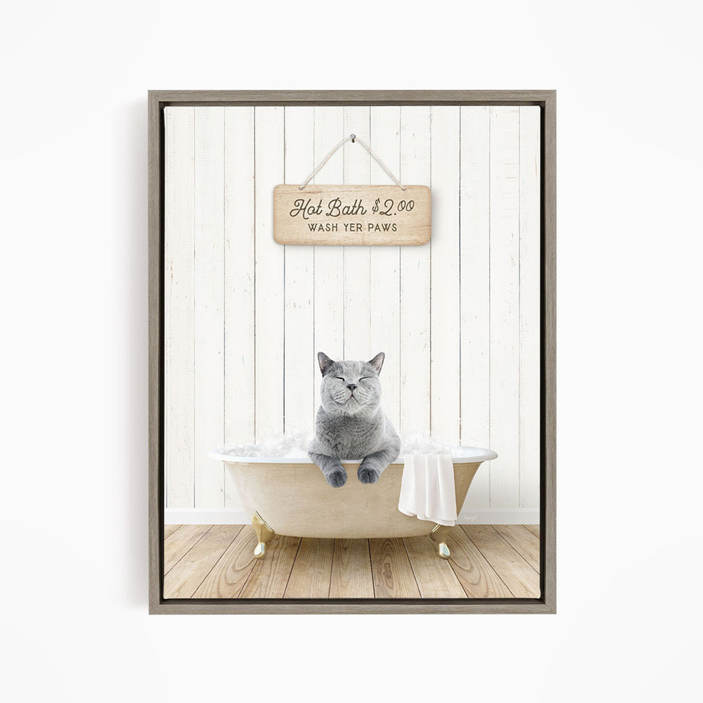 A gray cat sitting in a white bathtub, with a wooden sign above that reads "Hot Bath $2.00 WASH YOUR Paws".