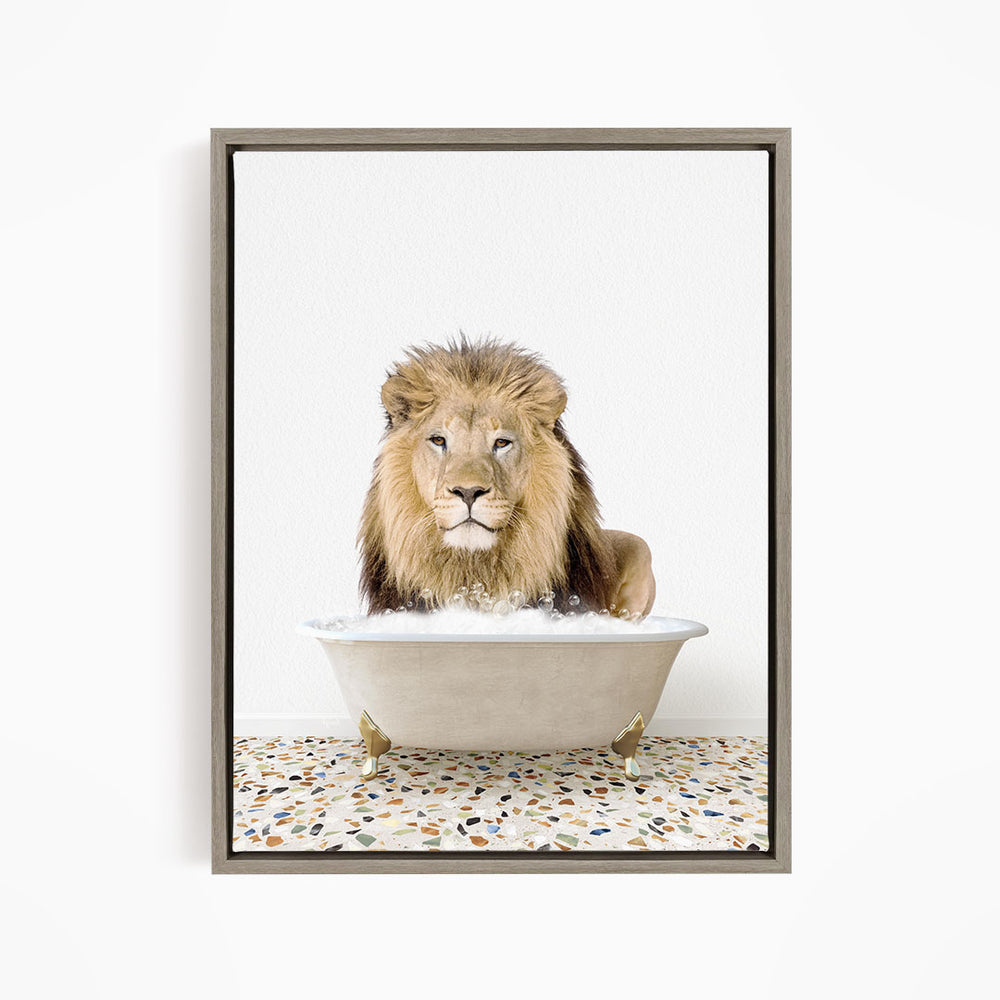 A lion sitting in a bathtub filled with water, surrounded by a speckled floor.