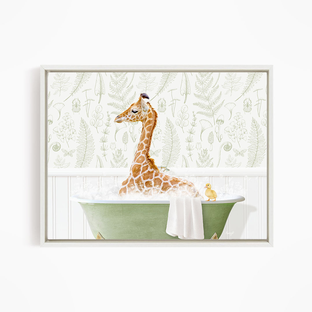 A giraffe sitting in a green bathtub, surrounded by a yellow duck, against a backdrop of green ferns and leaves.