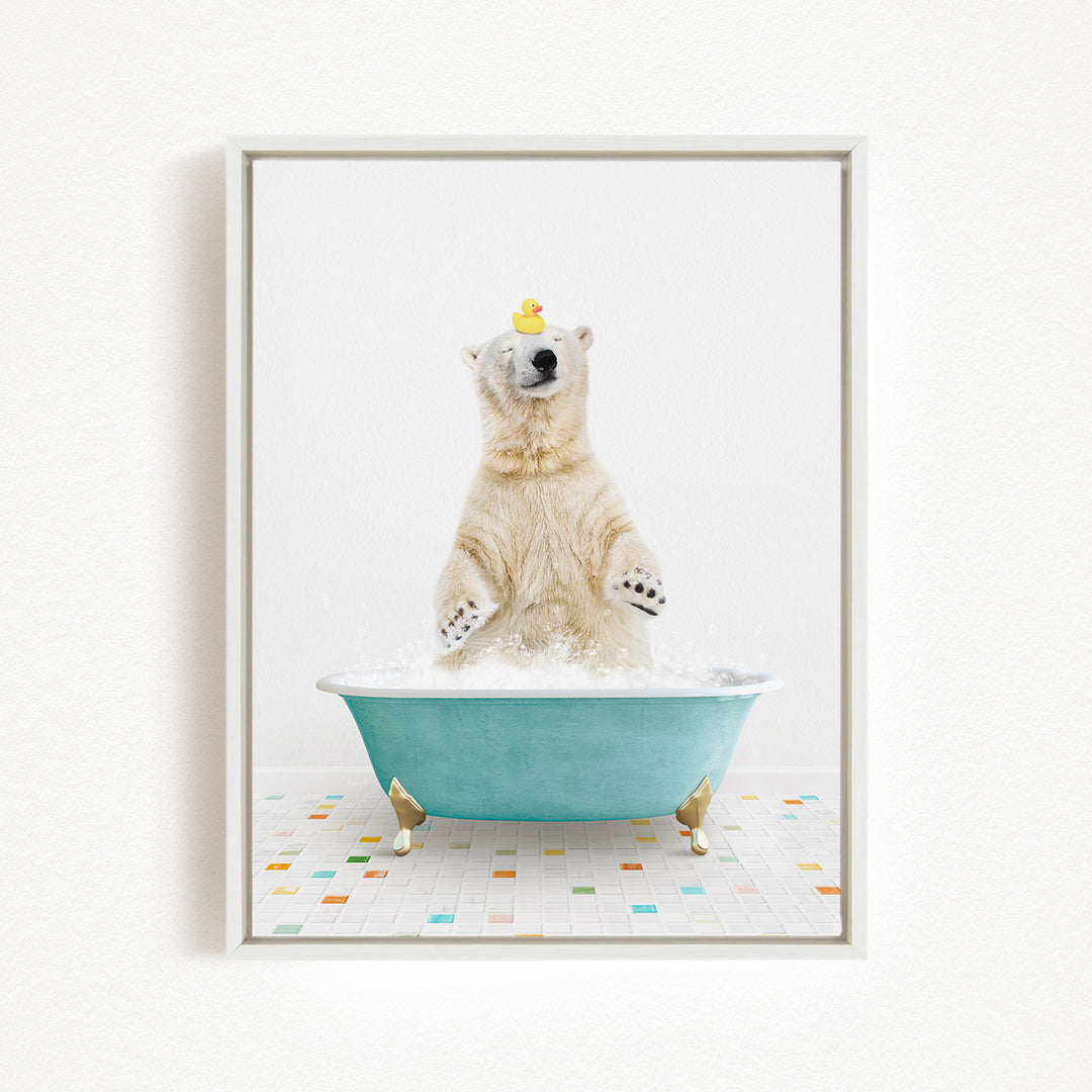 A polar bear standing in a blue bathtub filled with bubbles, with a rubber duck perched on its head.