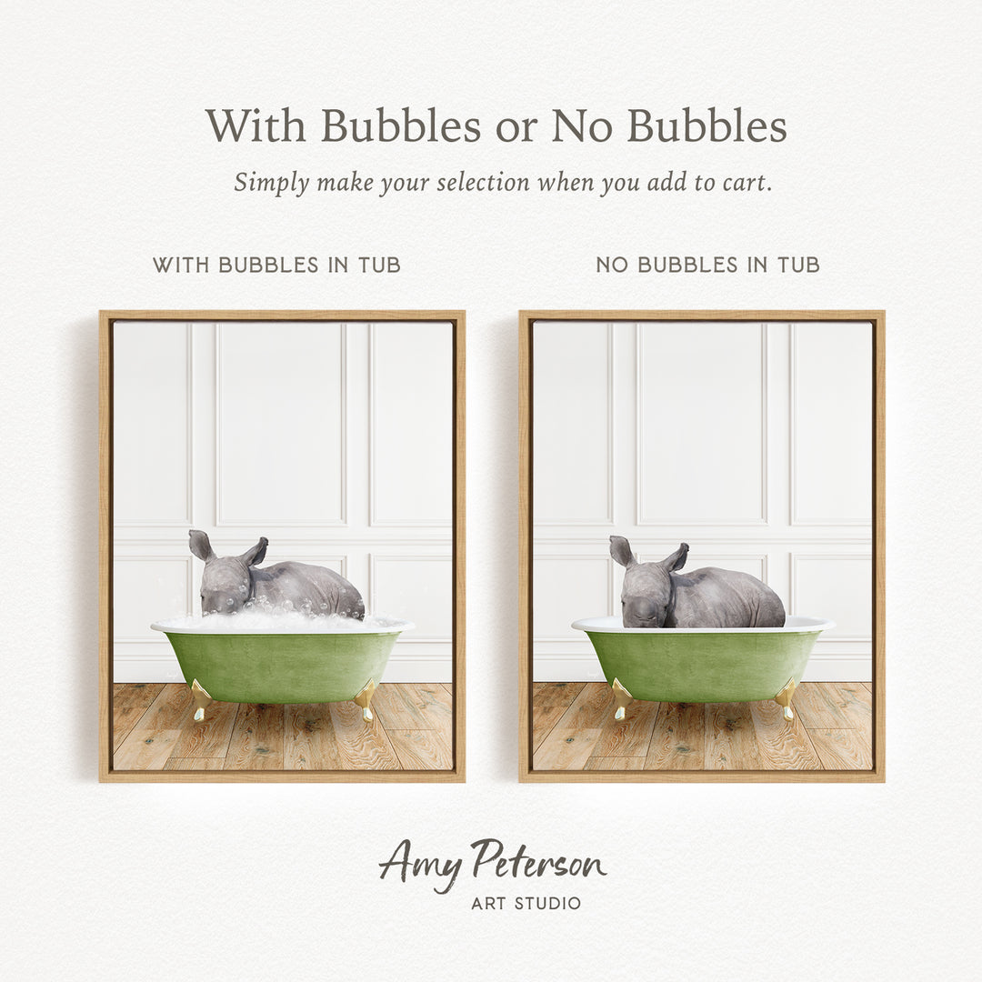 The image is a collage of two framed pictures, each depicting a gray rabbit sitting in a green bathtub. The text above the images reads "With Bubbles or No Bubbles" and below the images, it says "Simply make your selection when you add to cart."