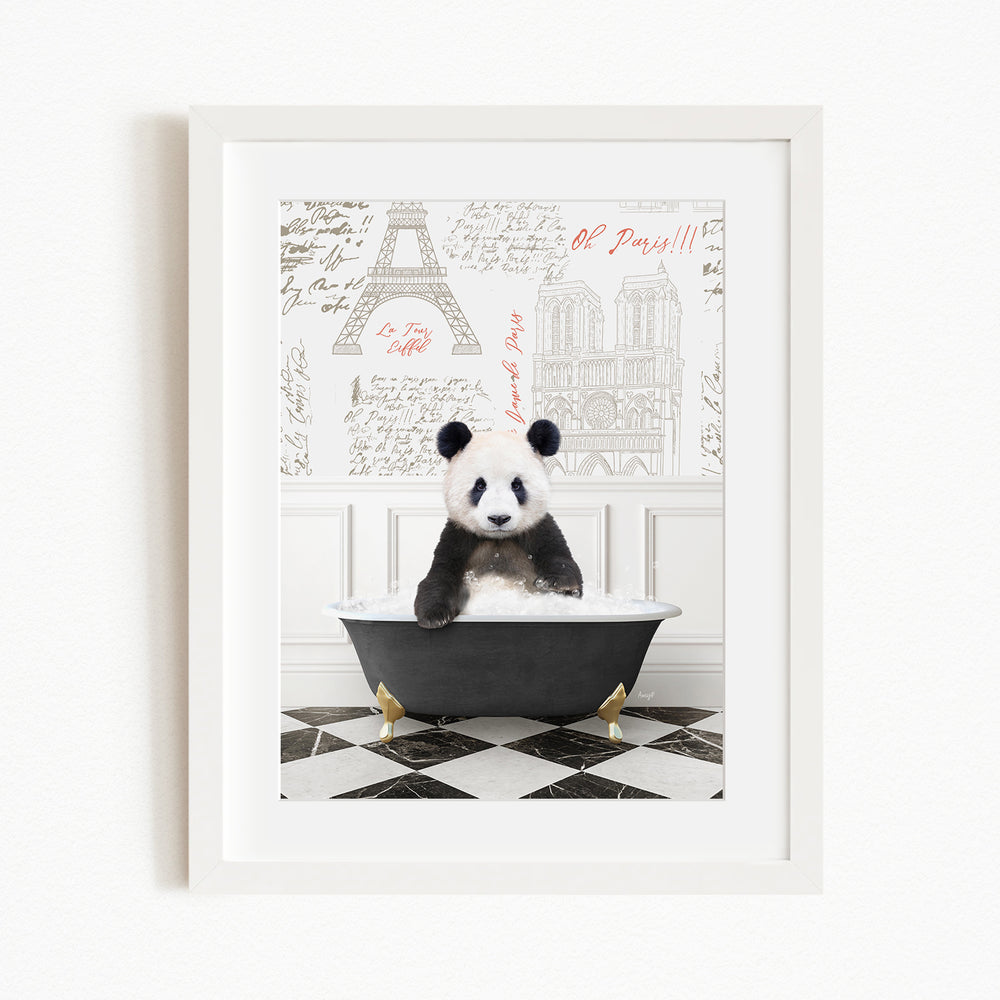 A panda bear sitting in a bathtub, surrounded by a checkered floor and a wall with the Eiffel Tower and other Parisian landmarks.