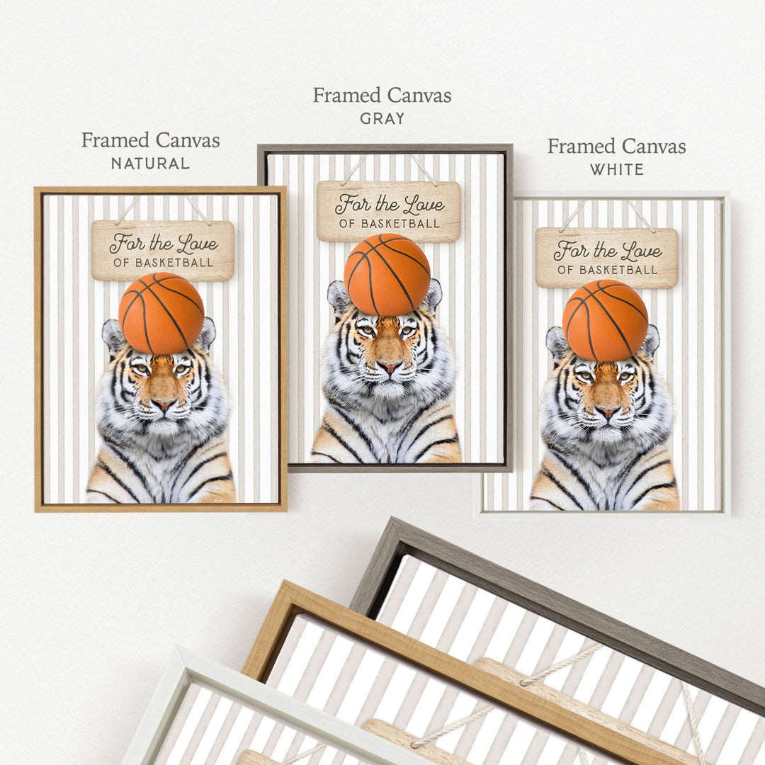 a framed canvas with a tiger wearing a basketball on its head, accompanied by the text "For the Love of Basketball".