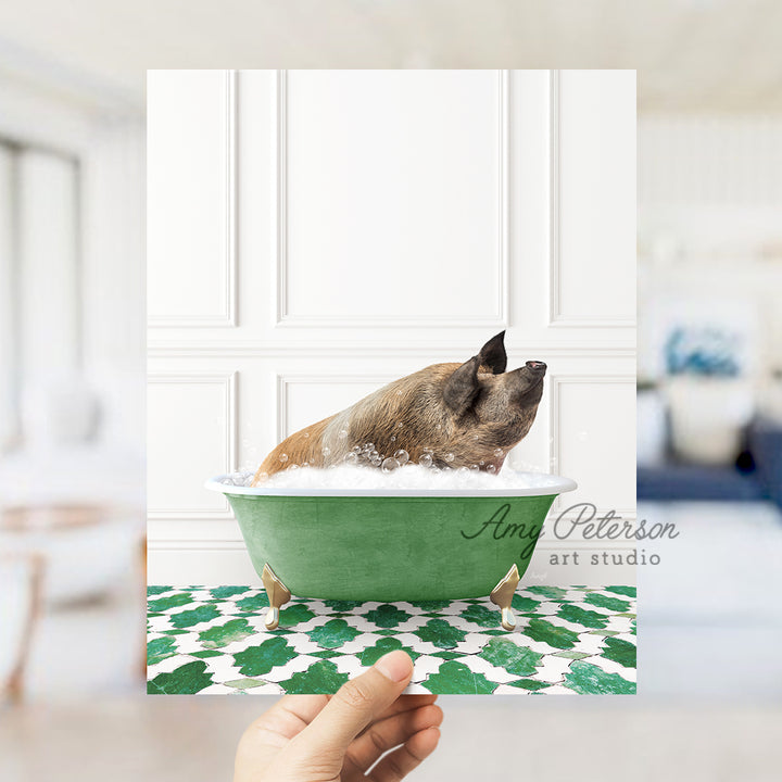 a dog taking a bath in a green bathtub