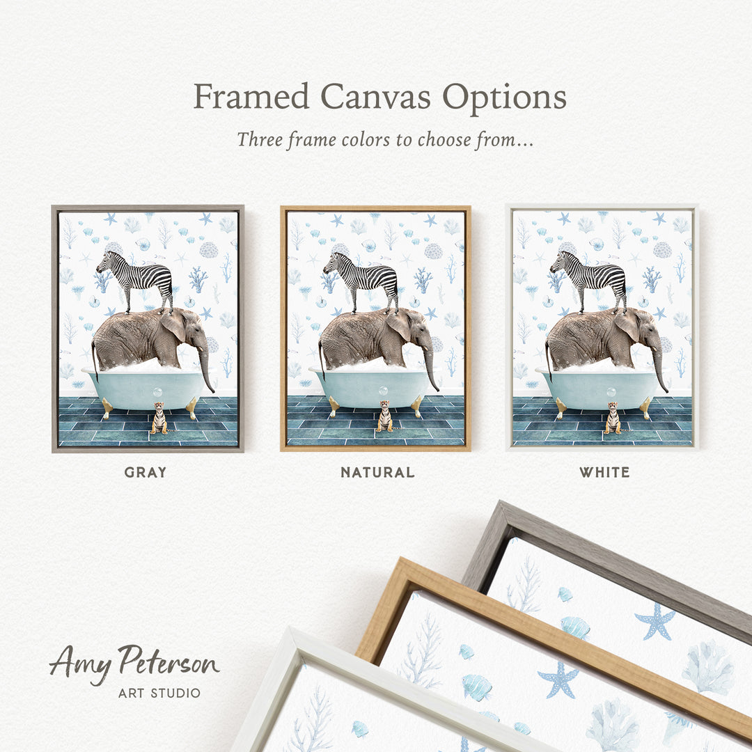 three framed canvas options featuring a zebra, elephant, and dog in bathtubs, with three different frame colors to choose from: gray, natural, and white.