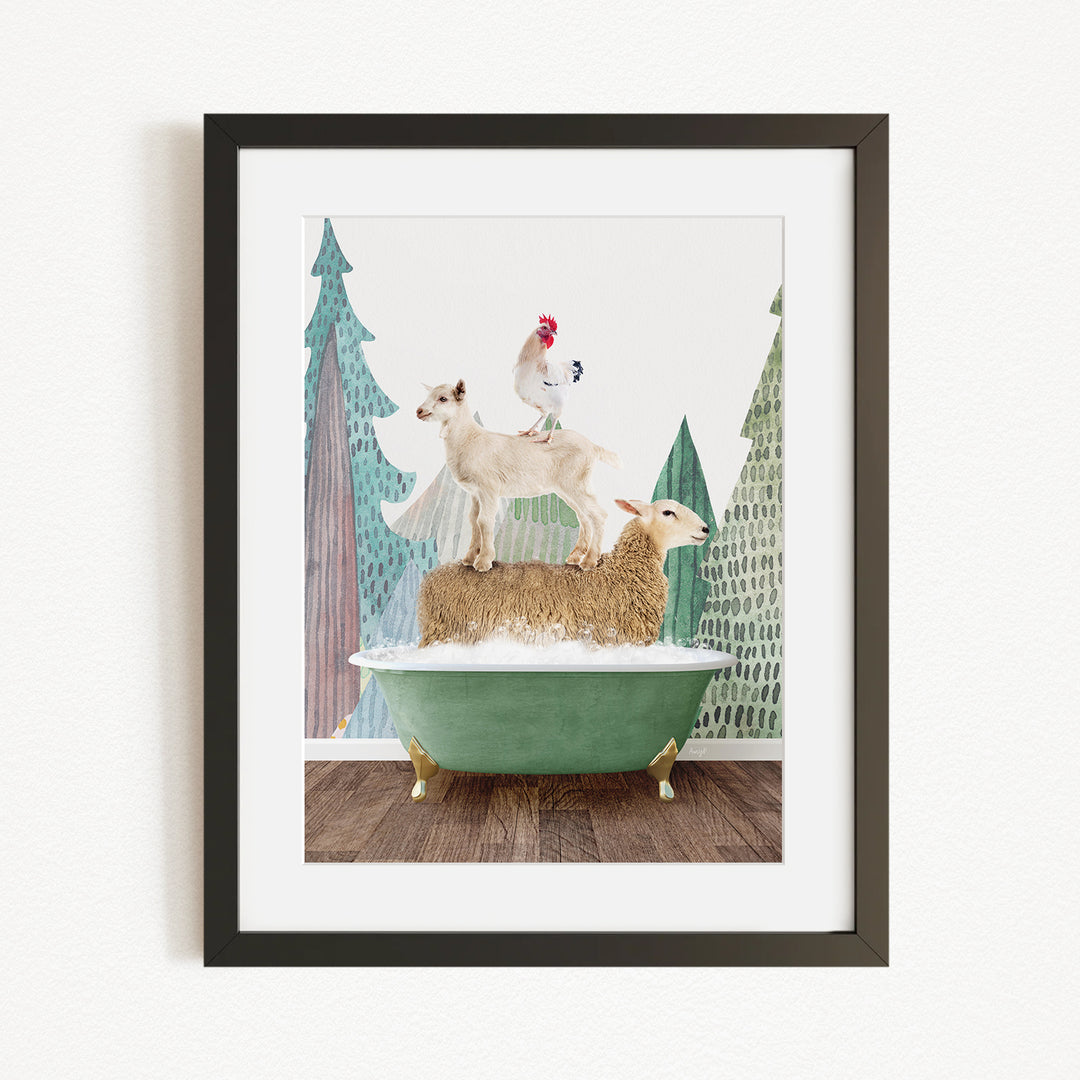 A framed collage depicting a sheep, a goat, and a rooster standing on a green bathtub, with a snowy landscape in the background.