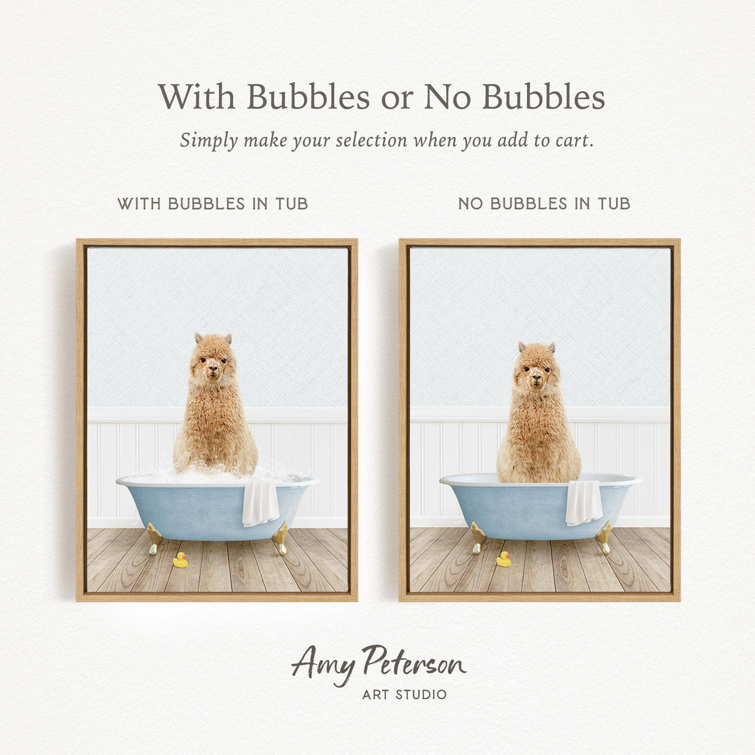 The image is a collage of two pictures, each featuring a dog sitting in a bathtub. The dog in the bathtub has bubbles, while the other dog does not have bubbles. The collage is titled "With Bubbles or No Bubbles" and is created by Amy Peterson from Art Studio.