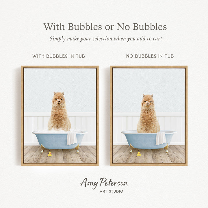 The image is a collage of two pictures, each featuring a dog sitting in a bathtub. The dog in the bathtub has bubbles, while the other dog does not have bubbles. The collage is titled "With Bubbles or No Bubbles" and is created by Amy Peterson from Art Studio.