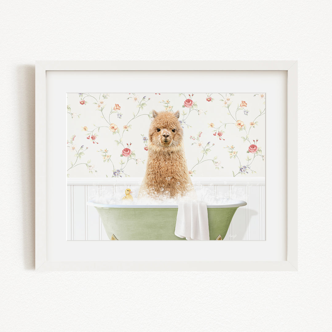 A fluffy brown dog is sitting in a green bathtub filled with bubbles, surrounded by a floral wallpaper.
