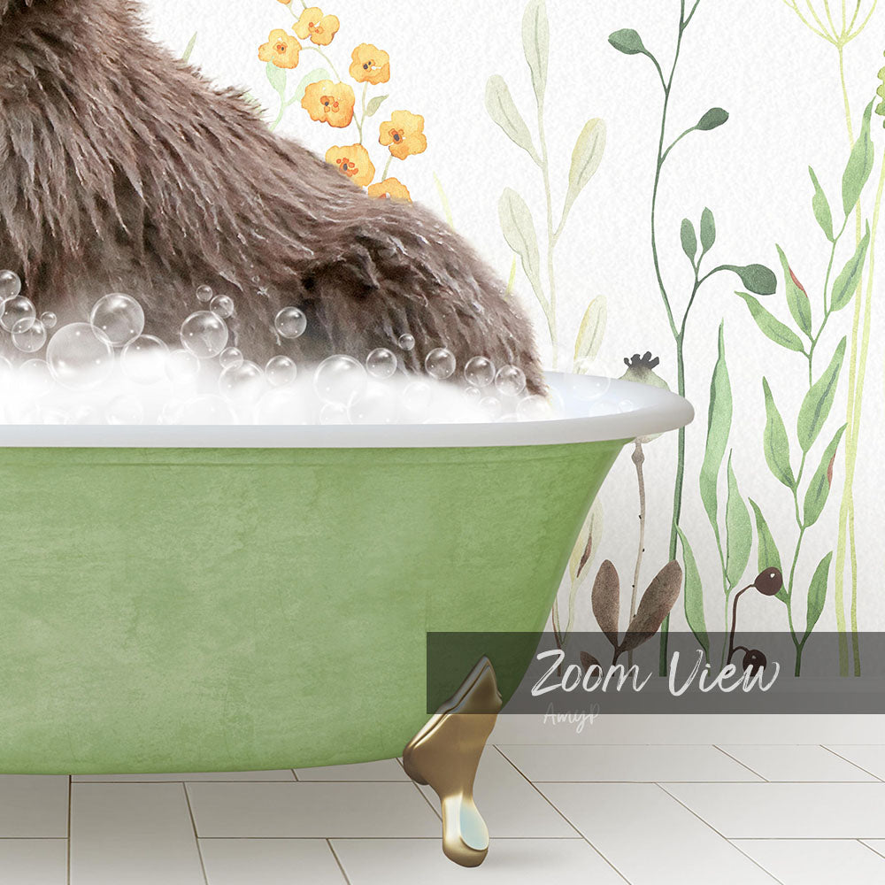A large, furry brown dog is sitting in a green bathtub filled with bubbles, surrounded by a floral wallpaper.