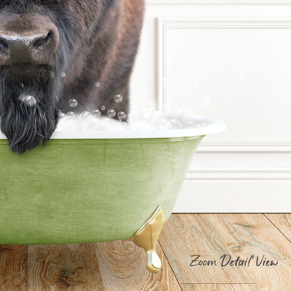 A dog with a long, shaggy coat is sitting in a green bathtub filled with bubbles, with its head sticking out of the tub.