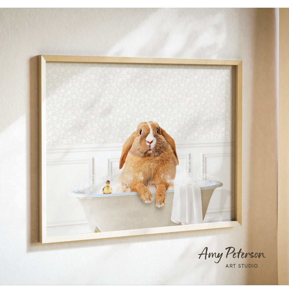 A picture of a rabbit sitting in a bathtub, surrounded by various bathroom items.