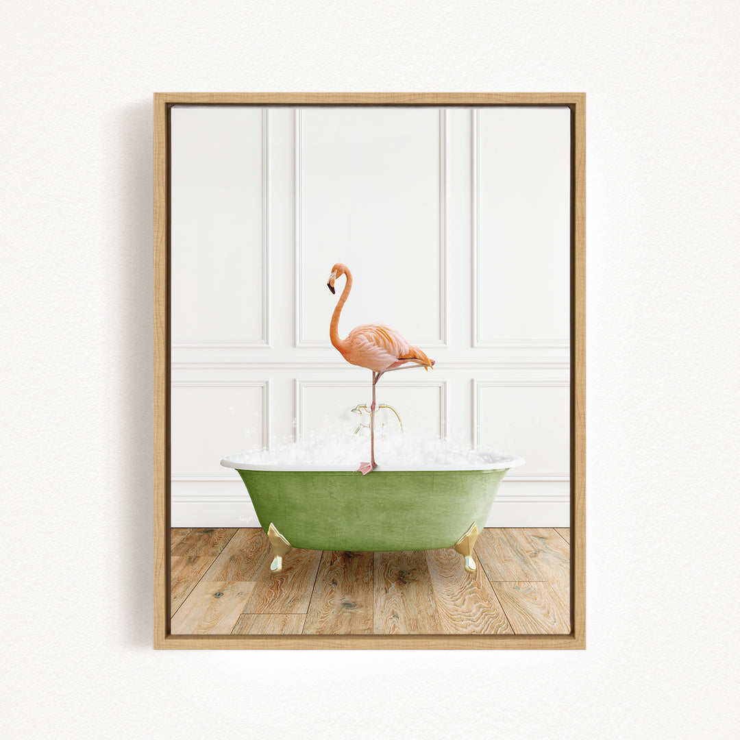 A pink flamingo standing on a green bathtub filled with water, set against a white wall with paneling.