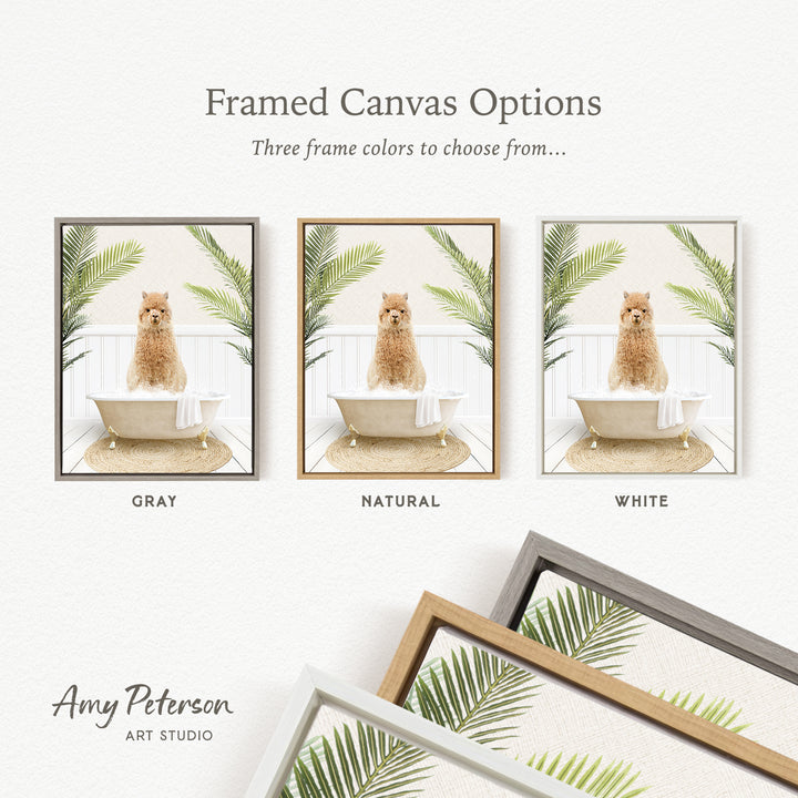 three framed canvas options, each featuring a dog sitting in a bathtub surrounded by tropical plants. The options include a gray frame, a natural frame, and a white frame.