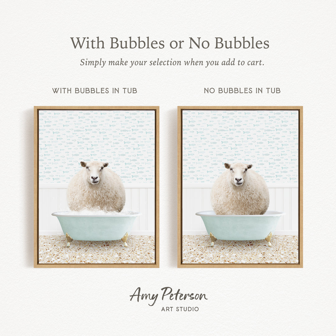 The image is a collage of two framed pictures, each depicting a sheep in a bathtub. The text above the images reads "With Bubbles or No Bubbles" and below the images, it says "Simply make your selection when you add to cart."