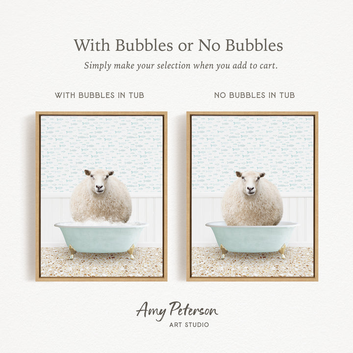 The image is a collage of two framed pictures, each depicting a sheep in a bathtub. The text above the images reads "With Bubbles or No Bubbles" and below the images, it says "Simply make your selection when you add to cart."