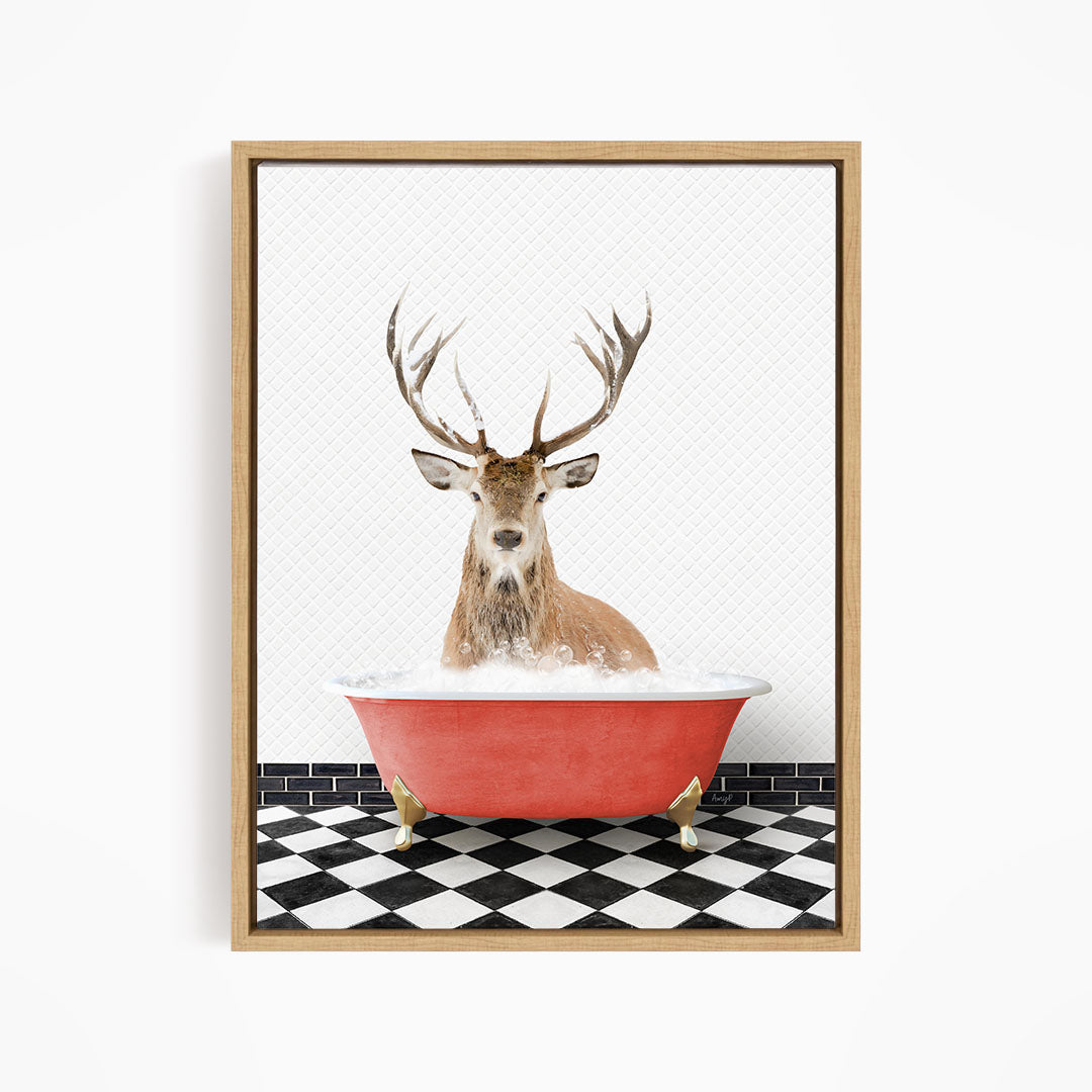 A deer with large antlers is sitting in a red bathtub filled with water, surrounded by a black and white checkered floor.