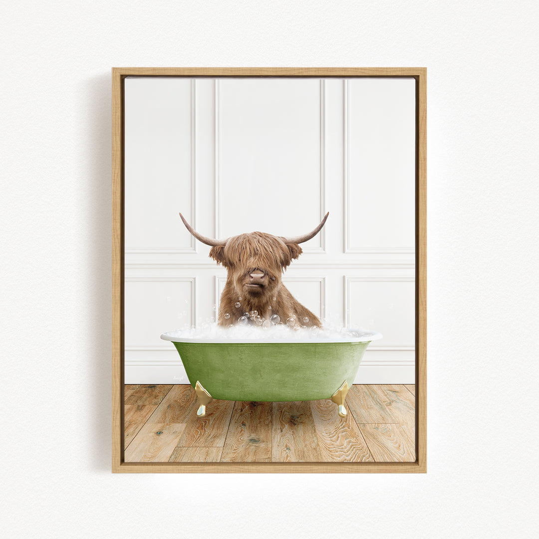 A Highland cow with long horns is sitting in a green bathtub filled with bubbles, creating a whimsical and playful scene.