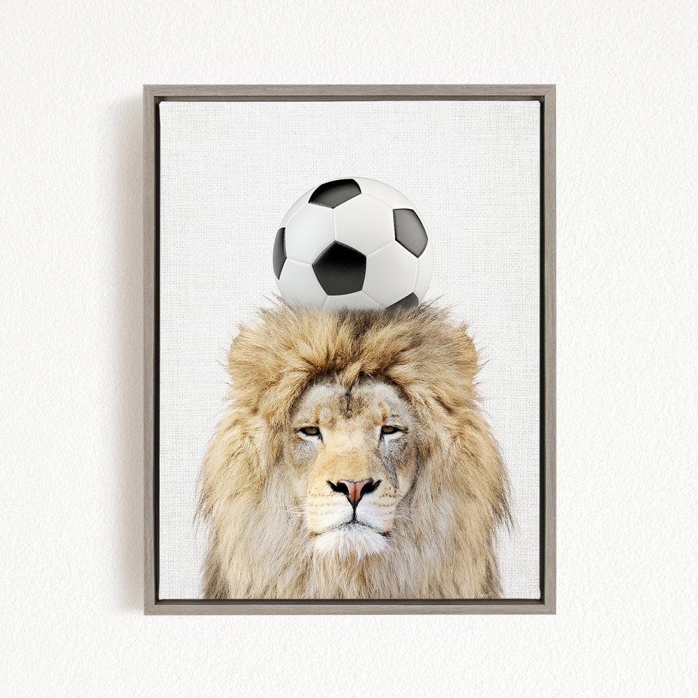 A framed image of a lion with a soccer ball on its head.