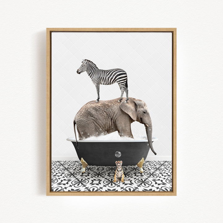 A zebra stands atop an elephant in a bathtub, with a small tiger sitting nearby, all set against a white background with a black and white patterned floor.