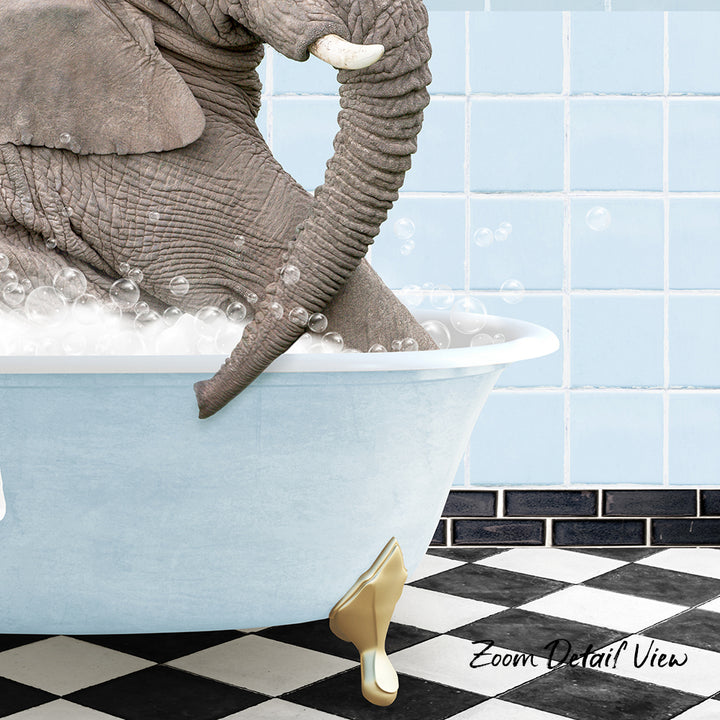 A large elephant is sitting in a bathtub filled with bubbles, with its trunk submerged in the water.