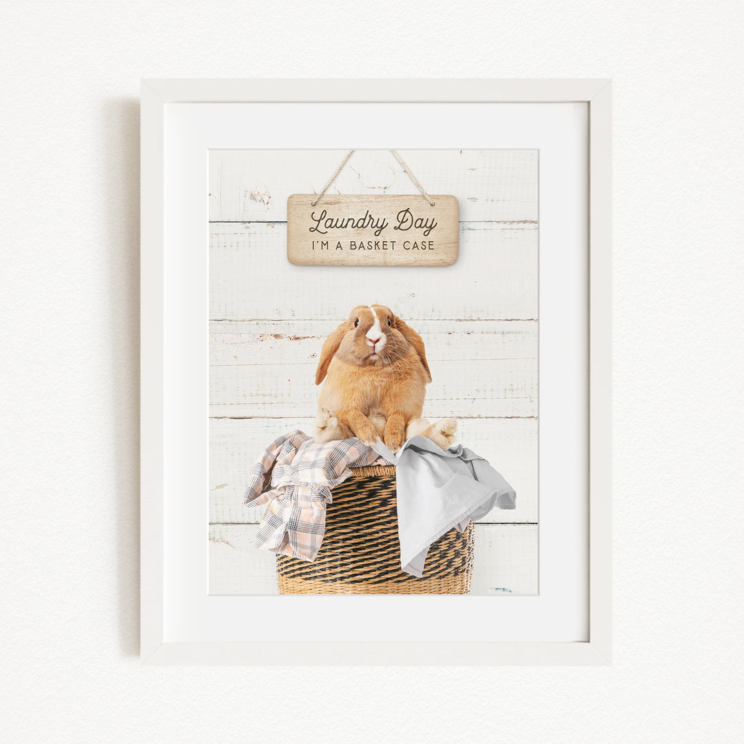 A framed image of a rabbit sitting in a basket filled with clothes, with a sign above that says "Laundry Day I'm a basket case".