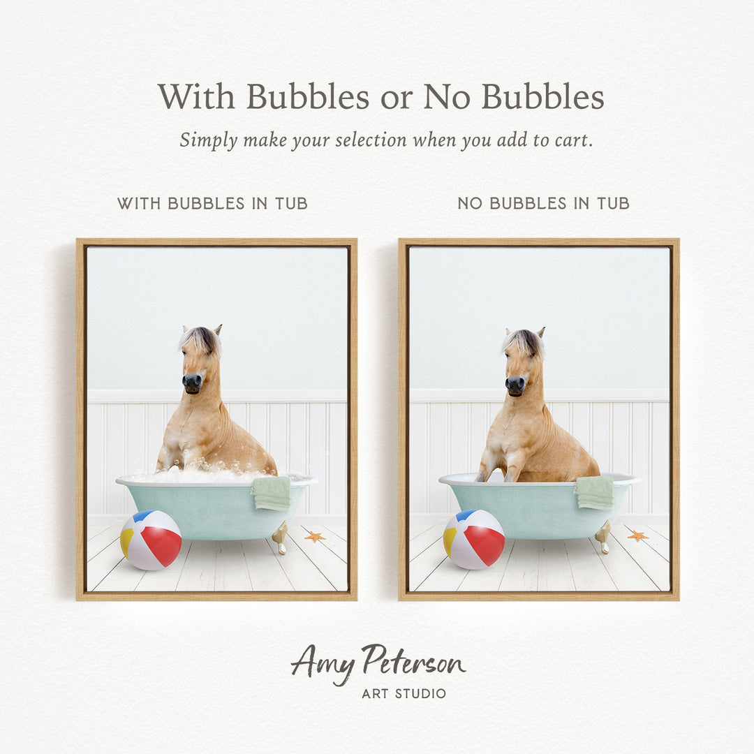The image is a collage of two pictures featuring a horse sitting in a tub with bubbles and another horse sitting in a tub without bubbles. The text above the images reads "With Bubbles or No Bubbles Simply make your selection when you add to cart."