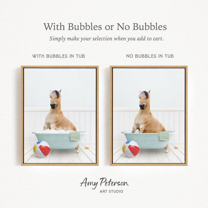 The image is a collage of two pictures featuring a horse sitting in a tub with bubbles and another horse sitting in a tub without bubbles. The text above the images reads "With Bubbles or No Bubbles Simply make your selection when you add to cart."