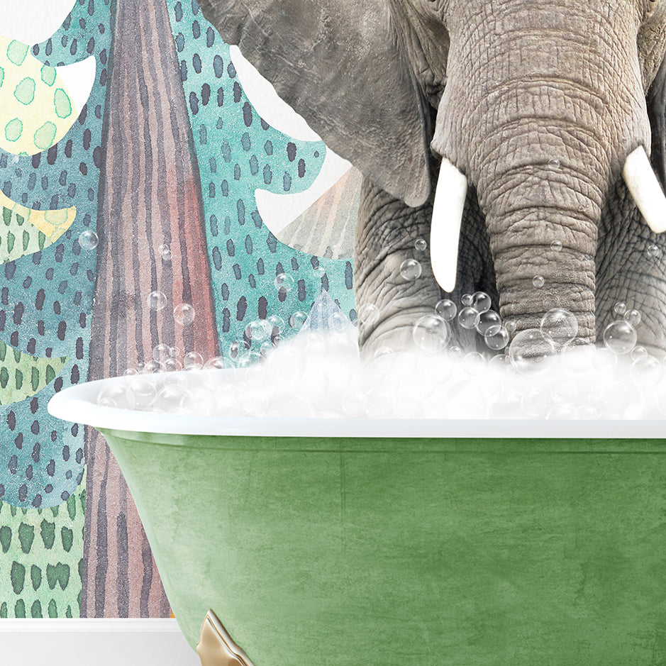 an elephant is taking a bath in a green bowl