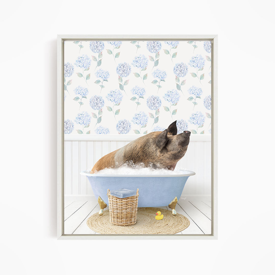 A brown dog is sitting in a blue bathtub filled with water, surrounded by a wicker basket and a yellow rubber duck.
