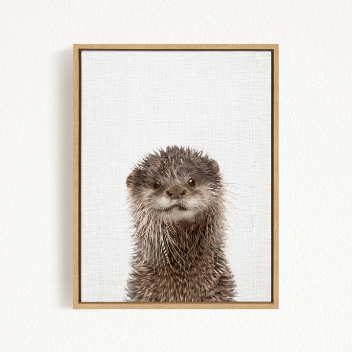 A close-up portrait of an otter with a curious expression, captured in a framed print on a white wall.