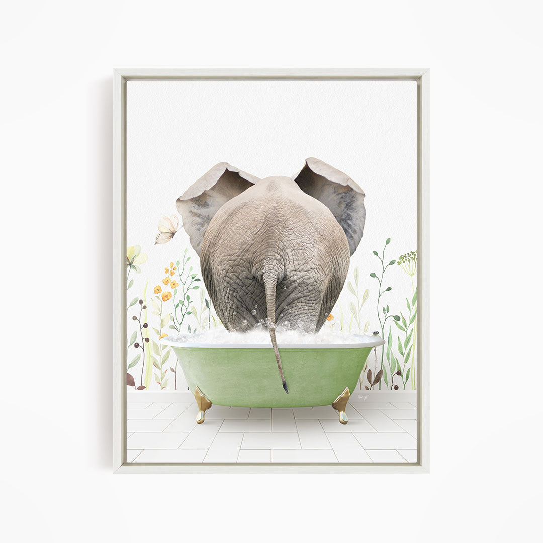 An elephant is taking a bath in a green bathtub, surrounded by flowers and plants.