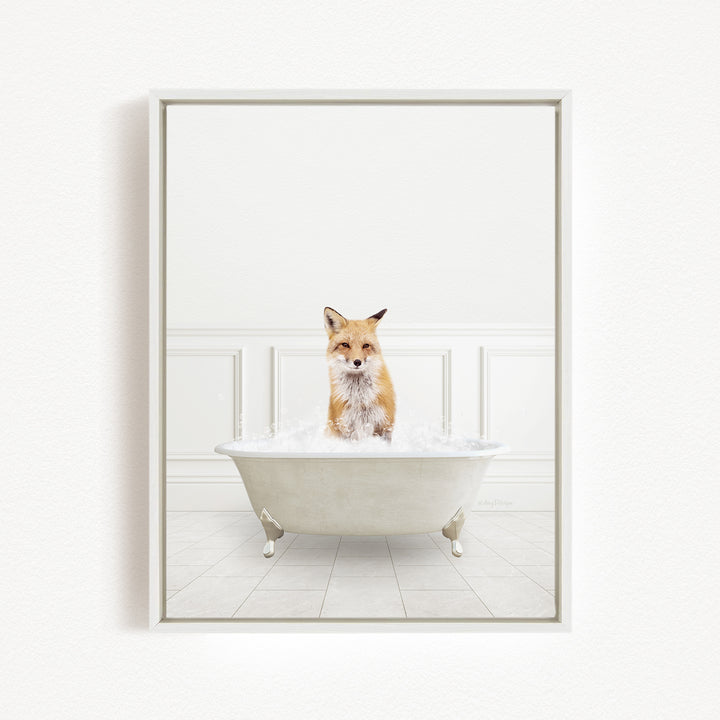 A fox is sitting in a white bathtub filled with water, creating a whimsical and playful scene.