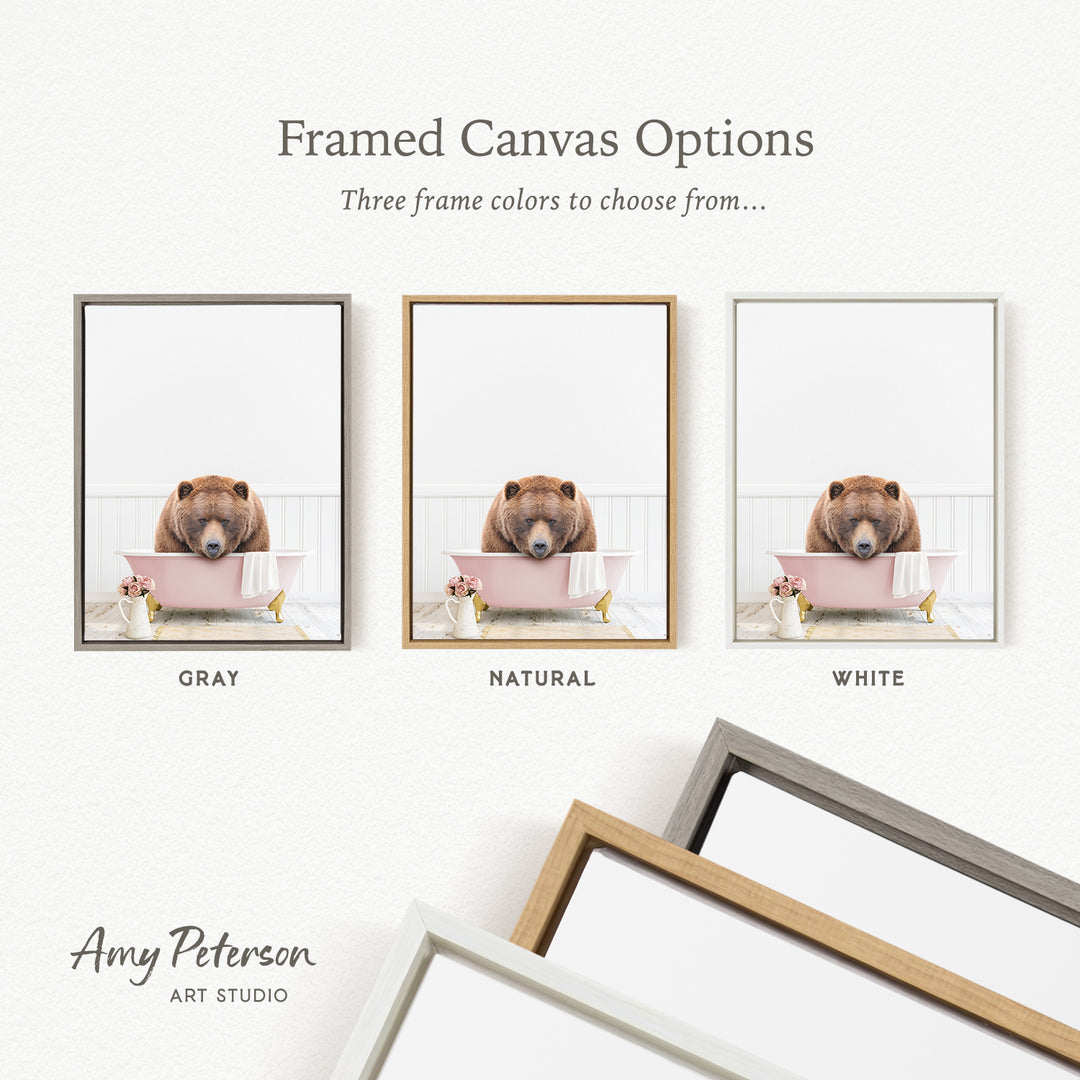 three framed canvas options, each with a different color: gray, natural, and white. The text above the images reads " framed Canvas Options" and "Three frame colors to choose from...". The bottom of the image features the text " Amy Peterson ART STUDIO".