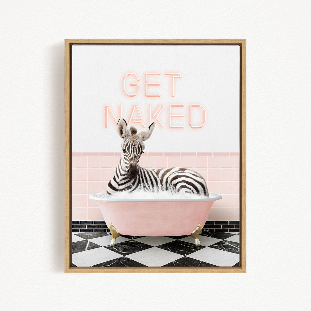 A zebra sitting in a pink bathtub with the text "GET NAKED" displayed above it.