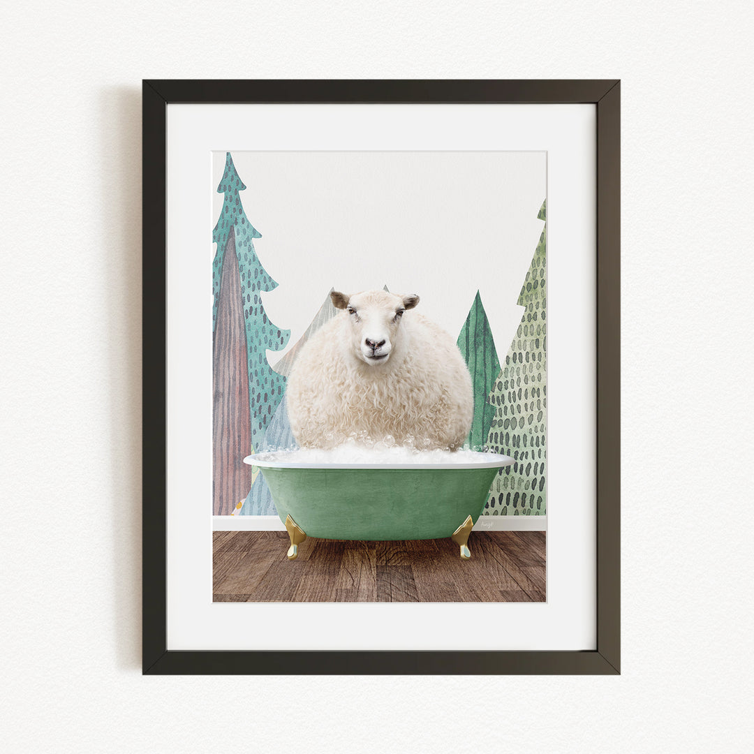 A fluffy white sheep sits in a green bathtub, surrounded by a forest scene with trees and a snowy landscape.