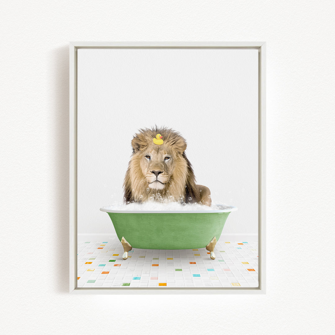 A lion is sitting in a green bathtub filled with bubbles, with a rubber duck floating on its head.
