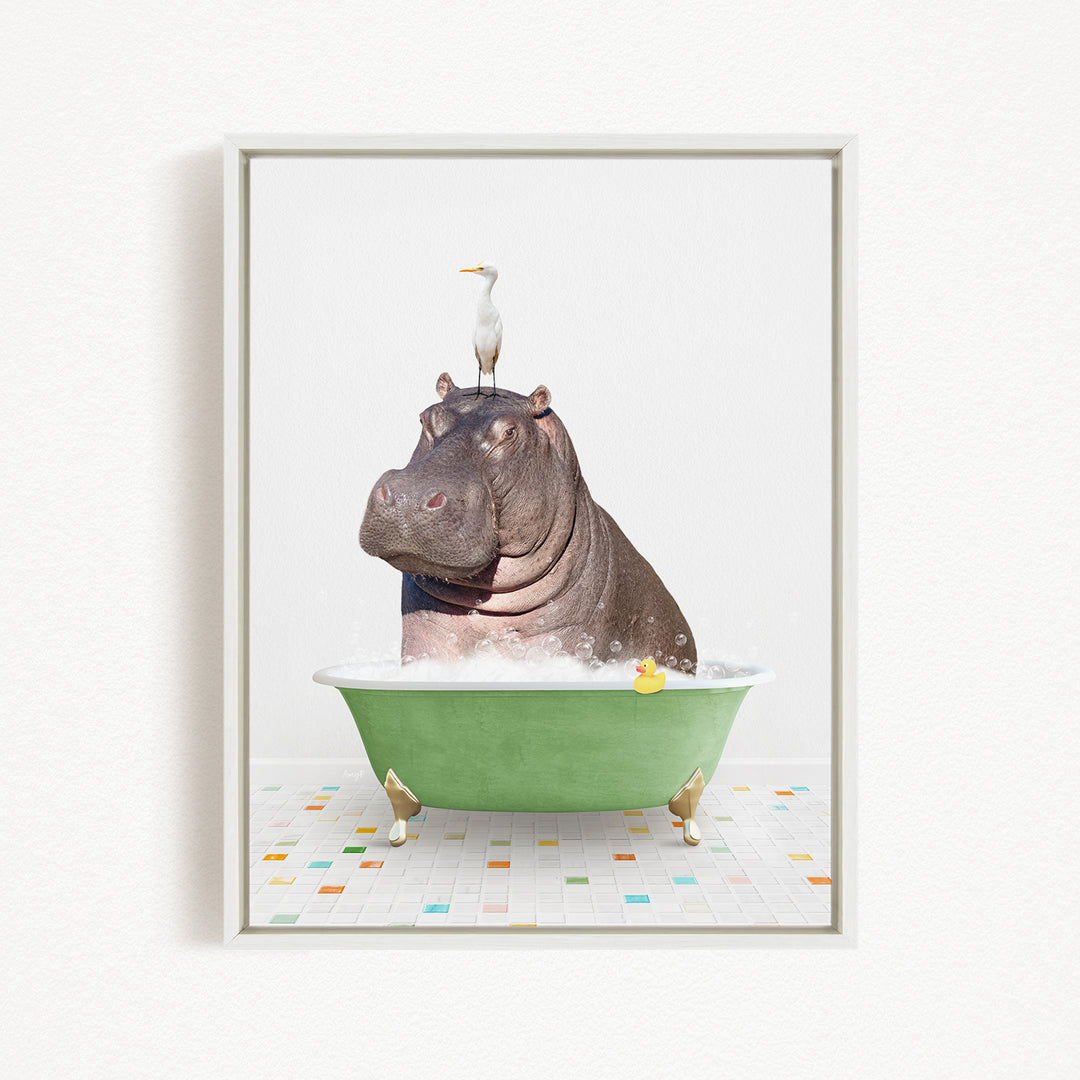 A hippopotamus sitting in a green bathtub, with a seagull perched on its head.