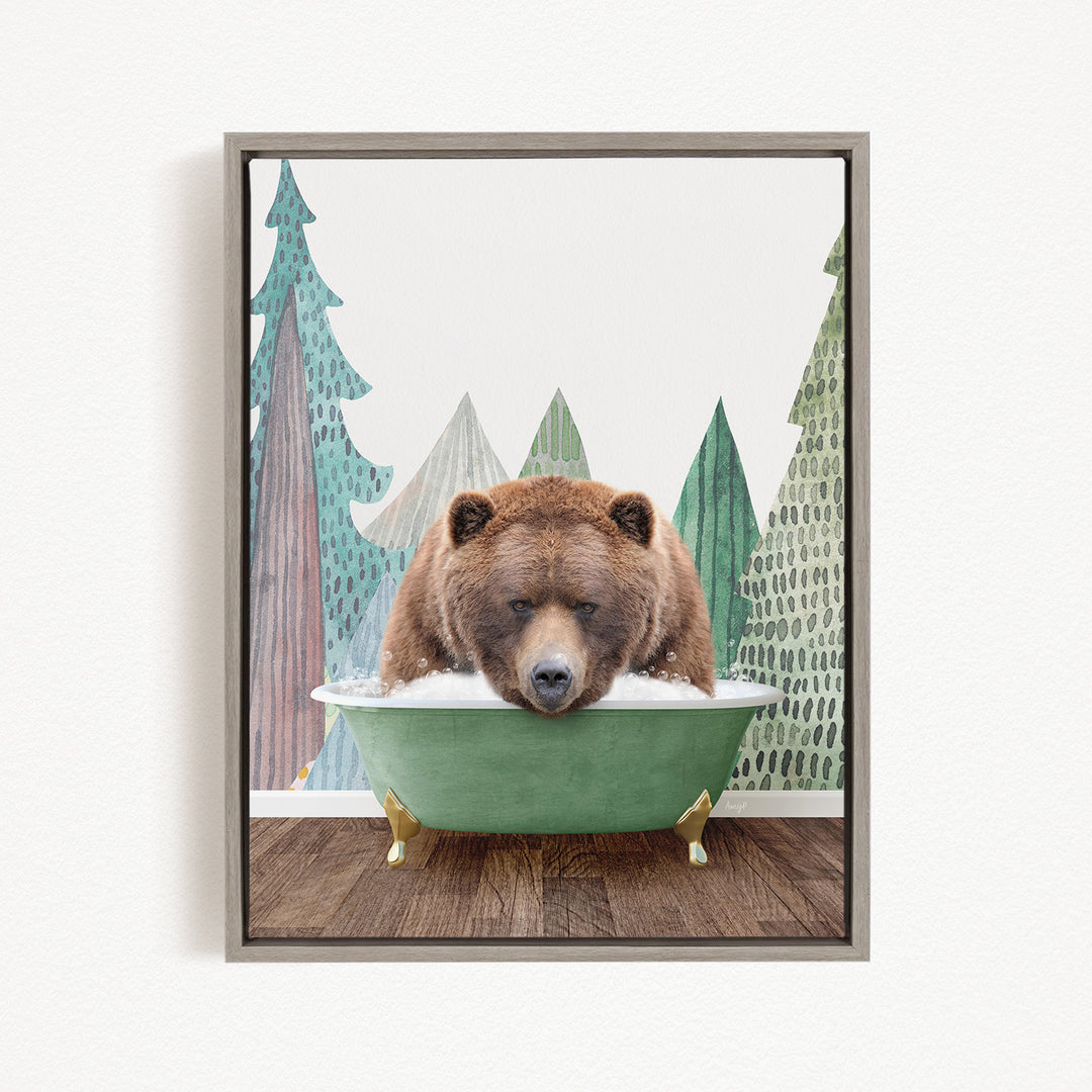 A brown bear is sitting in a green bathtub, surrounded by a forest scene with trees and a cloudy sky.
