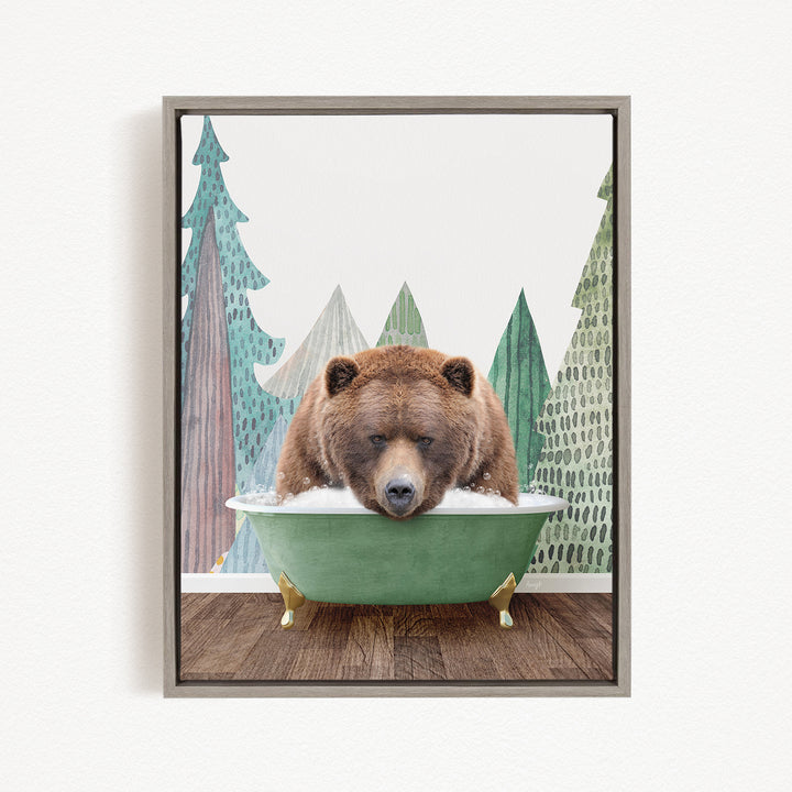 A brown bear is sitting in a green bathtub, surrounded by a forest scene with trees and a cloudy sky.