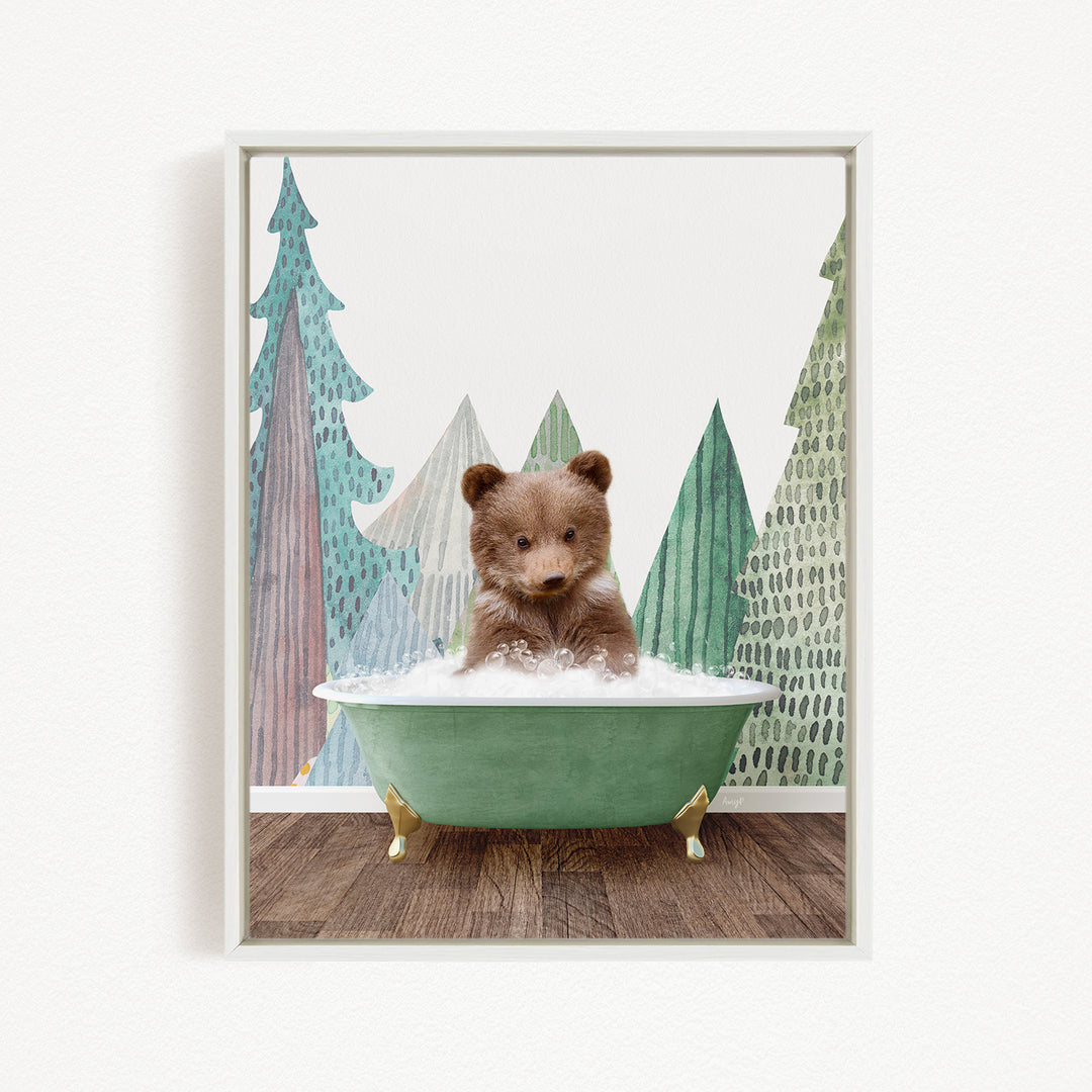 A brown bear sitting in a green bathtub, surrounded by a forest scene with trees and a snowy landscape.