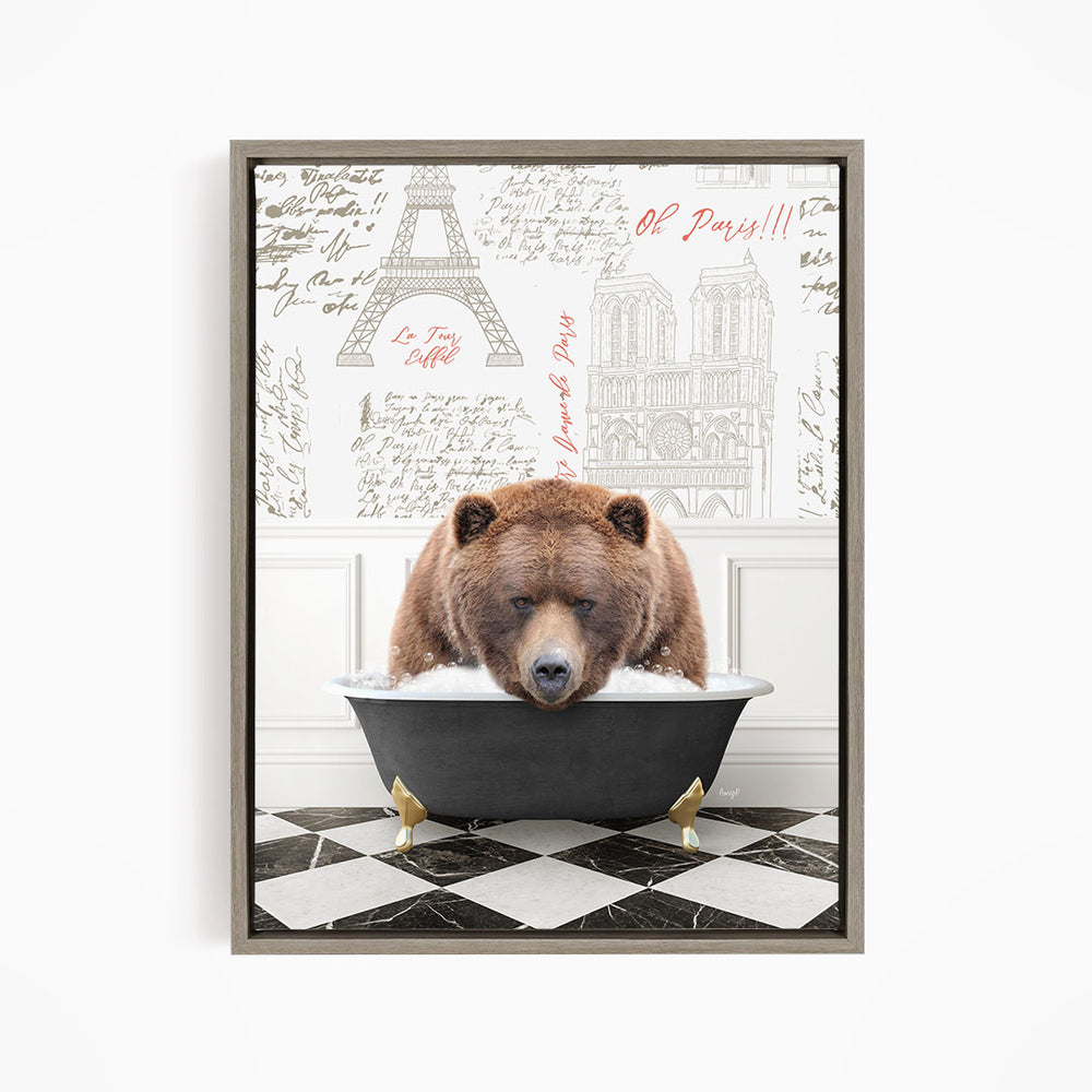 A brown bear is sitting in a bathtub filled with water, surrounded by various texts and images related to Paris, including the Eiffel Tower and other landmarks.