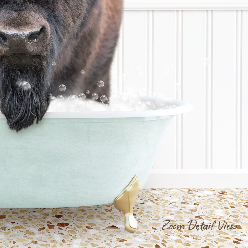 A dog with a long, shaggy coat is sitting in a light blue bathtub filled with bubbles, with its head submerged in the water.