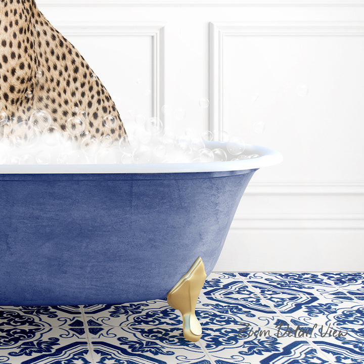 A leopard print bathtub filled with bubbles, placed on a blue and white patterned floor.