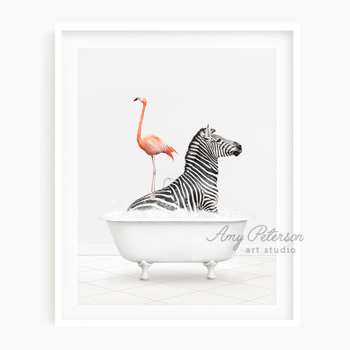 a picture of a zebra and a flamingo in a bathtub